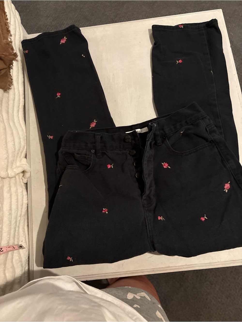 PacSun Black Skinny Jeans with Pink Rose Embroidery